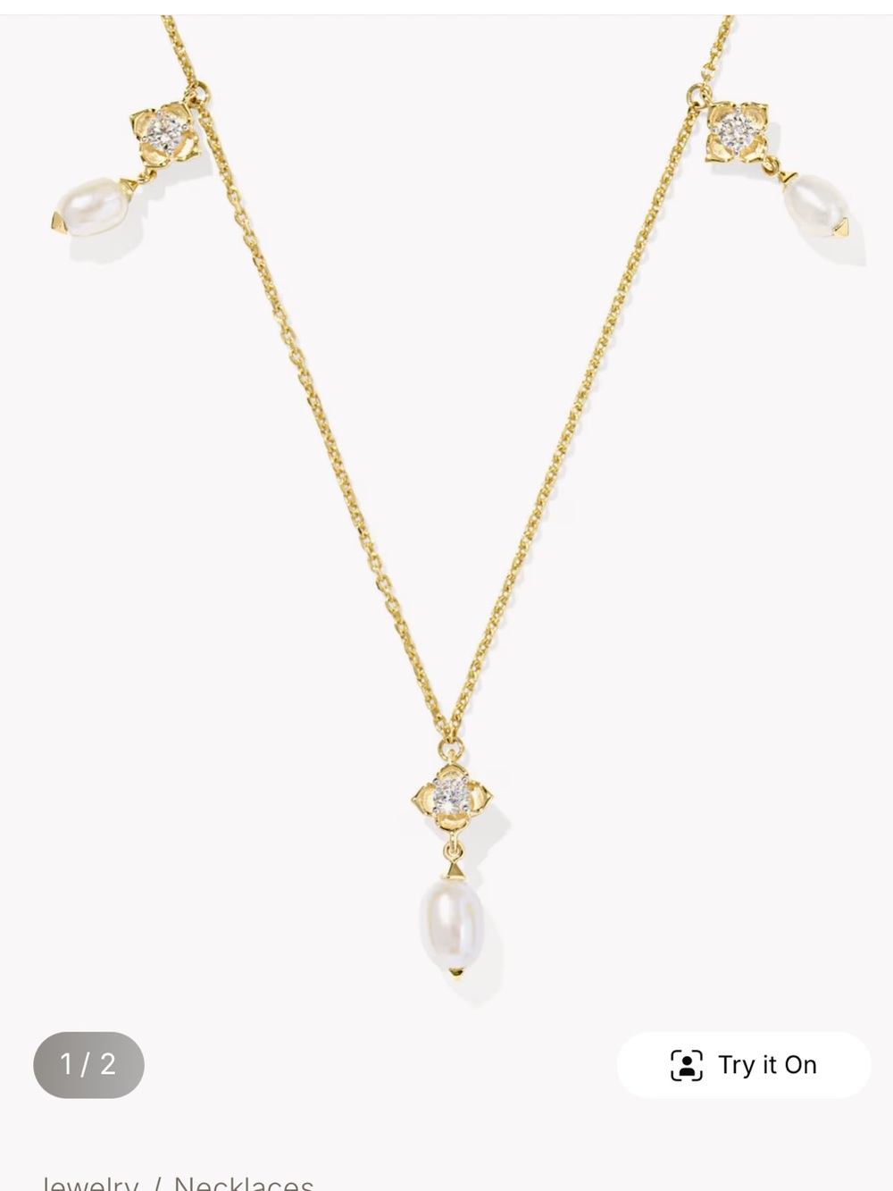 Kendra Scott Gold Necklace with White Pearl Drops and Crystal Accents